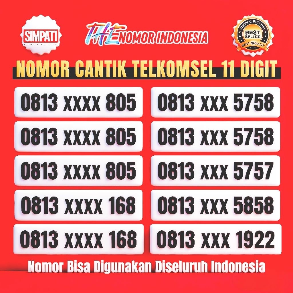 Kartu Perdana Cantik Simpati 11 Digit 4G/5G/LTE Seri Hoki 705/805/8055/5758/1922/168 Nomor Nasional 