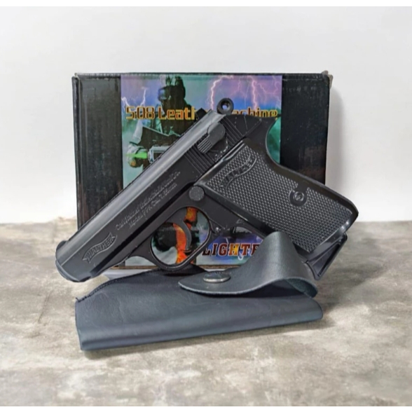 Korek Api Model Pistol Mainan Full Besi - Warna Hitam, Desain Realistis, Isi Ulang, Anti Angin kodeF