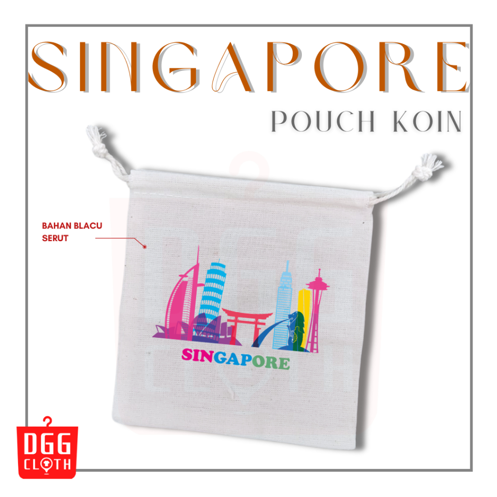 DGGCloth Pouch Koin Souvenir Singapore Dompet Koin Oleh Oleh Singapura Bahan Blacu Tali Serut Type 8