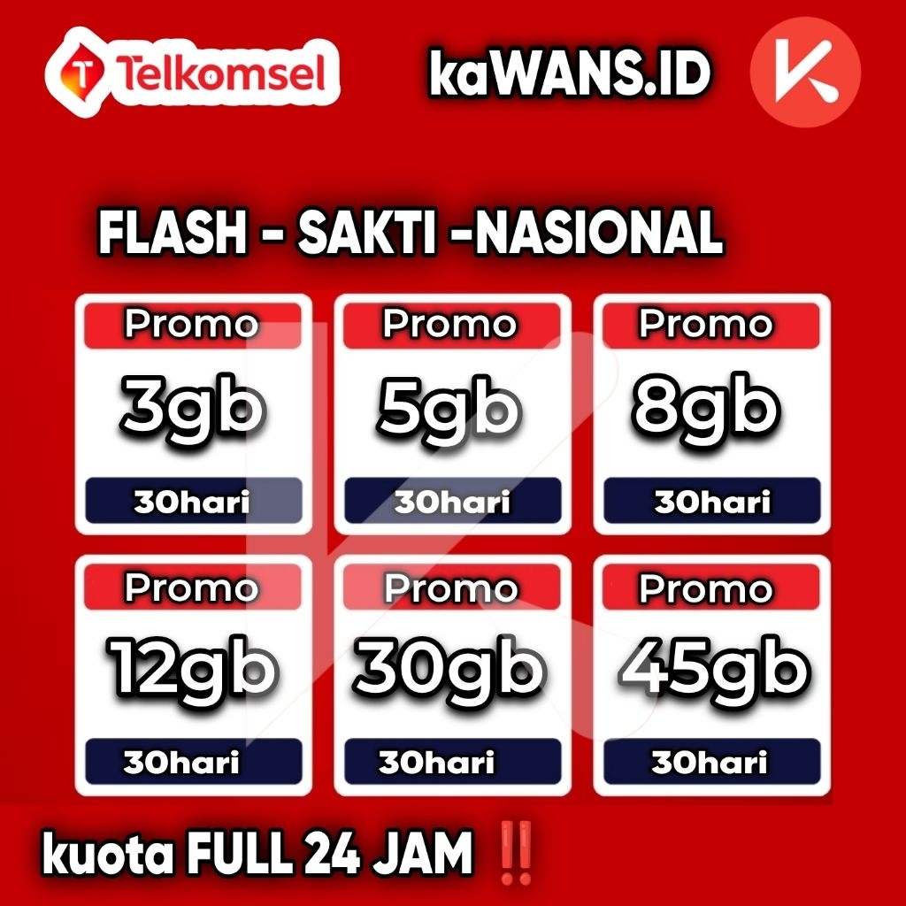Paket Data Internet Telkomsel Flash Nasional - Kuota Penuh, Semua Jaringan, 30 Hari