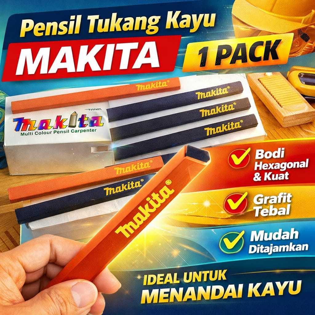 Pensil Tukang Makita Carpenter Pencil Pensil Bangunan Kayu Tebal Gepeng Tahan Patah 1 Pack – Alat Tu