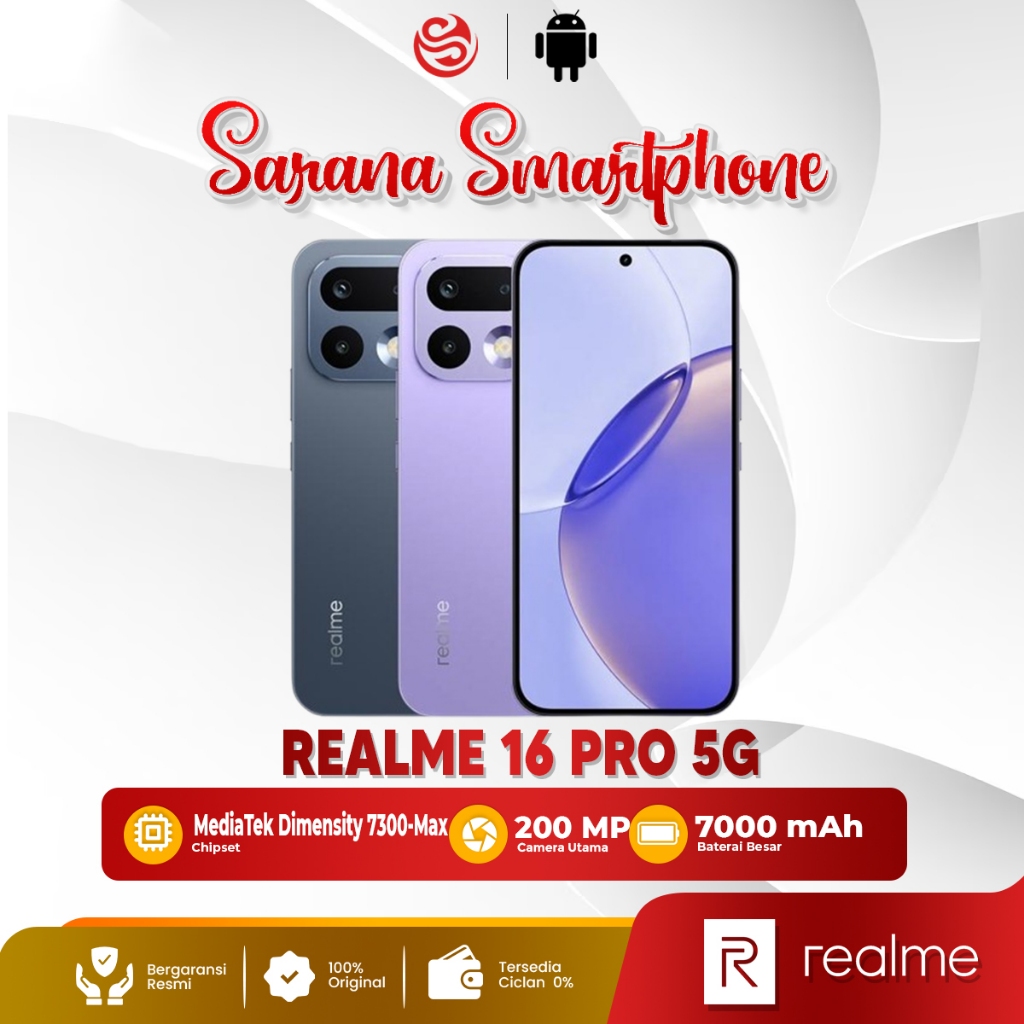 Realme 16 Pro 5G 12/256GB HP Android 200MP Camera Dimensity 7300 Max 7000mAh 80W Garansi Resmi