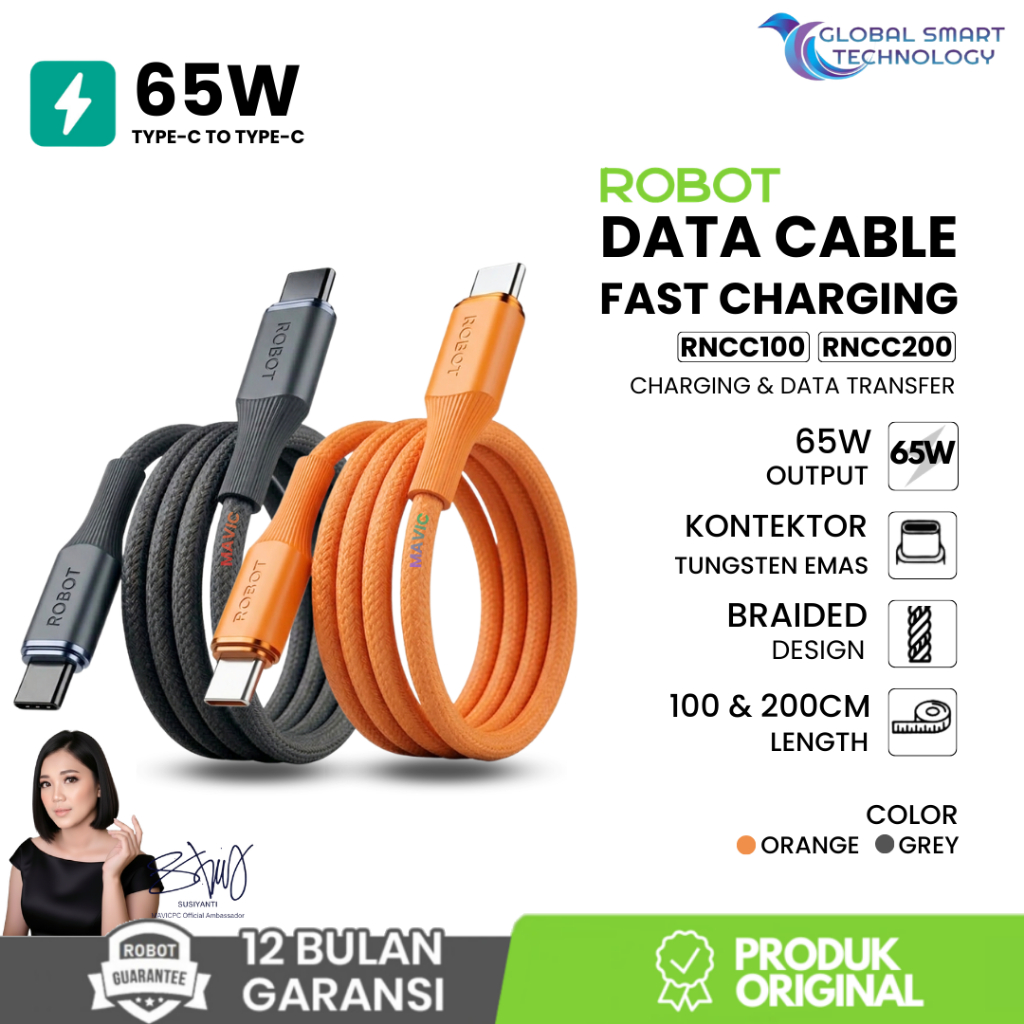 ROBOT RNCC100 | RNCC200 Cable Kabel Data Type C To Type C Fast Charging 65W Support iPhone 17 - Gara