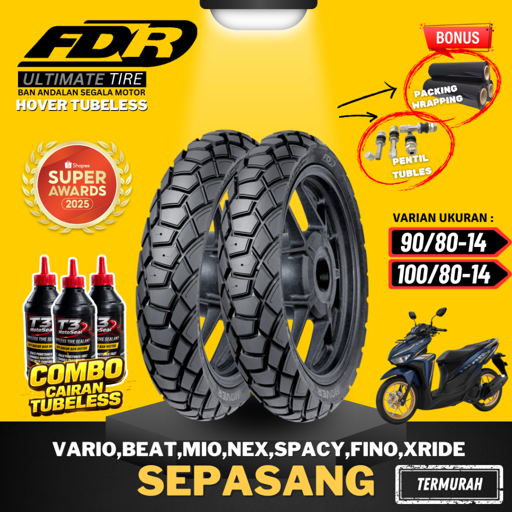 [COMBO SEPASANG] BAN FDR TUBELESS HOVER RING 14 / BAN LUAR FDR HOVER RING 14 ( 90/80-14 / 100/80-14 