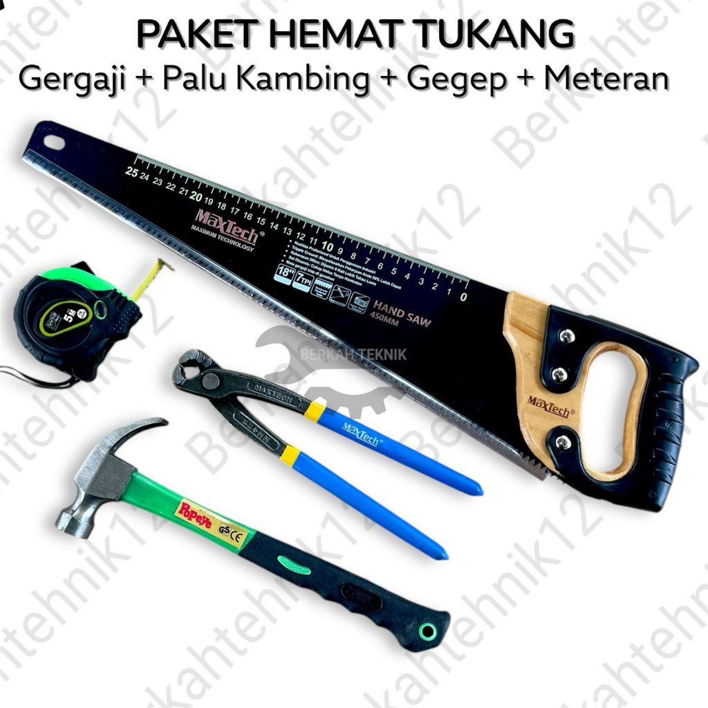 Paket 4IN1 Alat Tukang Murah - Gergaji + Gegep + Palu + Meteran / Gergaji Potong Kayu Hand Saw 18inc