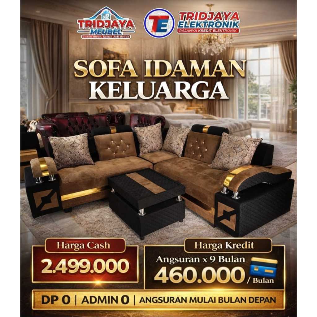 Sofa Sudut L Ariet + Meja Kaca Cokelat