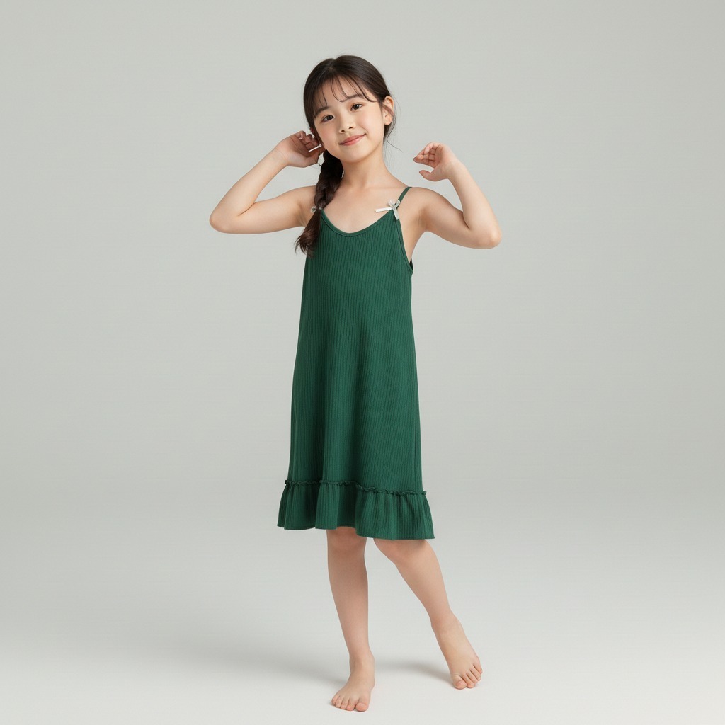 DRESS MODEL RUFFLE TALI KECIL PAKAIAN MAIN ANAK PEREMPUAN BAHAN HYGT POLOS TERBARU