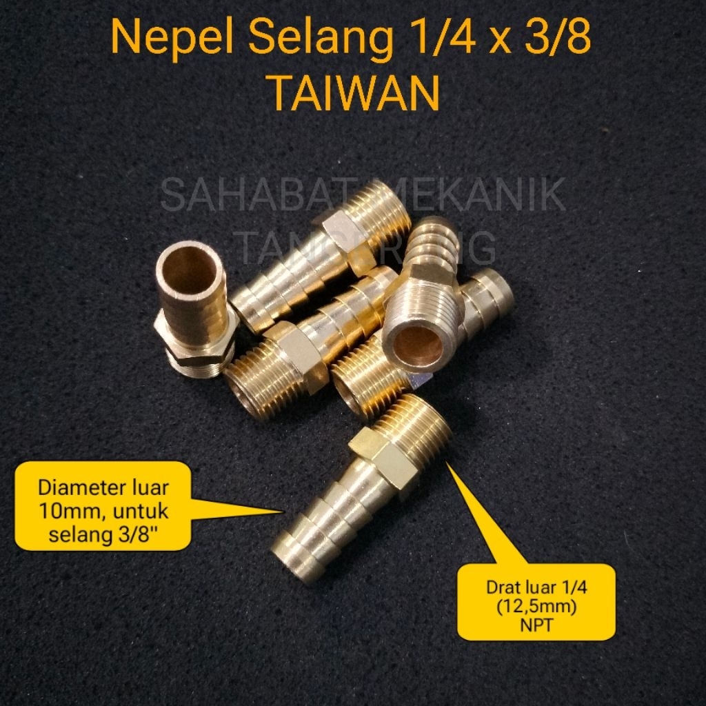 Nepel Selang 1/4 x 3/8 TAIWAN Nepel Selang Drat Luar 12,5 mm x 10 mm Kuningan
