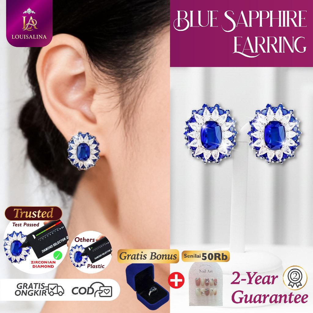 (FREE BOX) MEILINA Anting Batu Blue Safir Anting Wanita Zirconia Premium Luxury Earrings Blue Safir