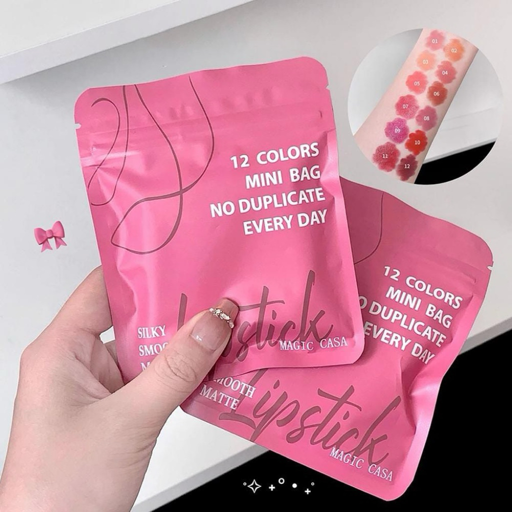 12 Colors Mini Bag Lipstick Matte Set - Lipstik Matte Tahan Lama - Lipstik Kapsul Mini