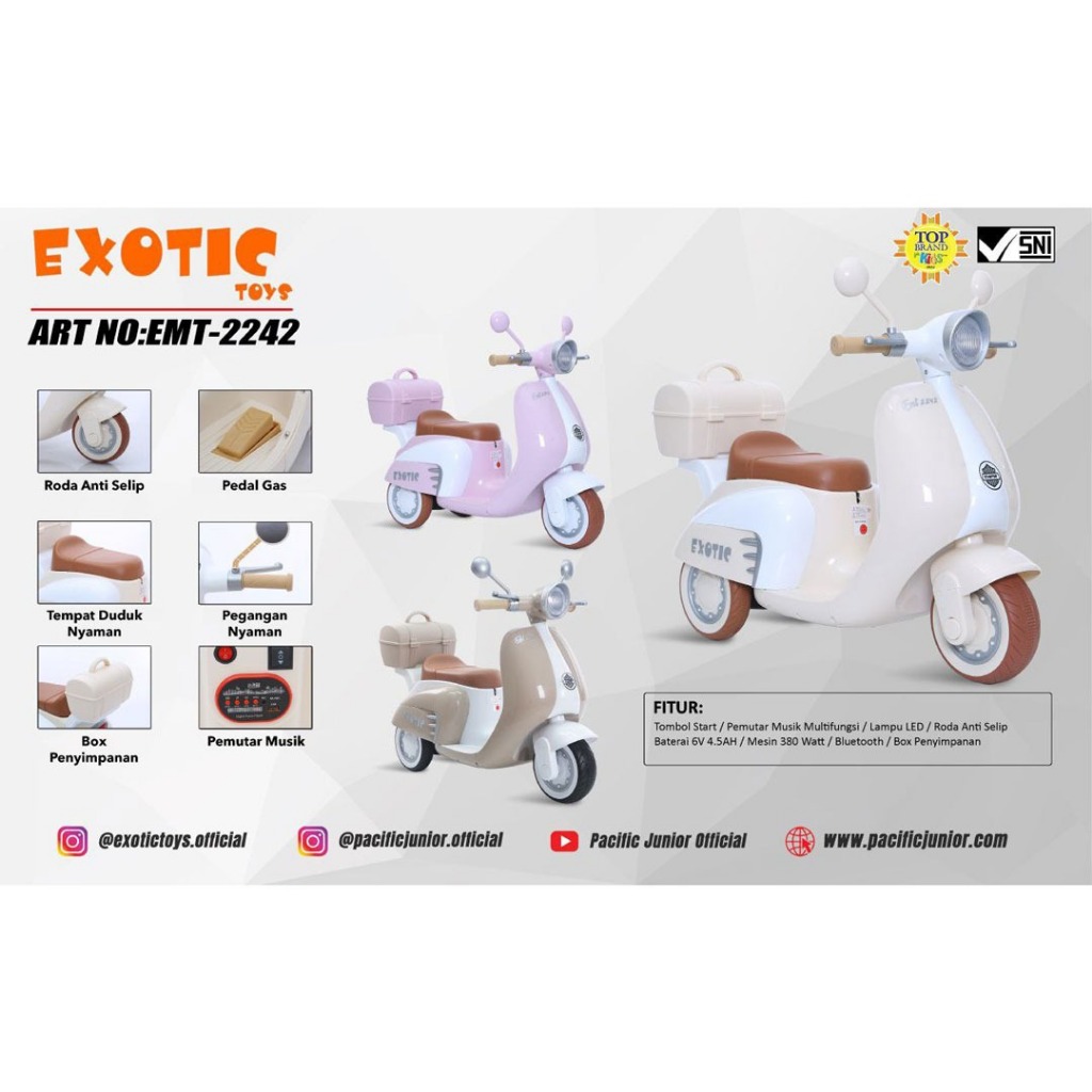 Motor Aki Anak Scoopy EMT2242 NW113 - Pink, Musik & Lampu, Baterai 6V4.5Ah, Nyaman untuk Anak
