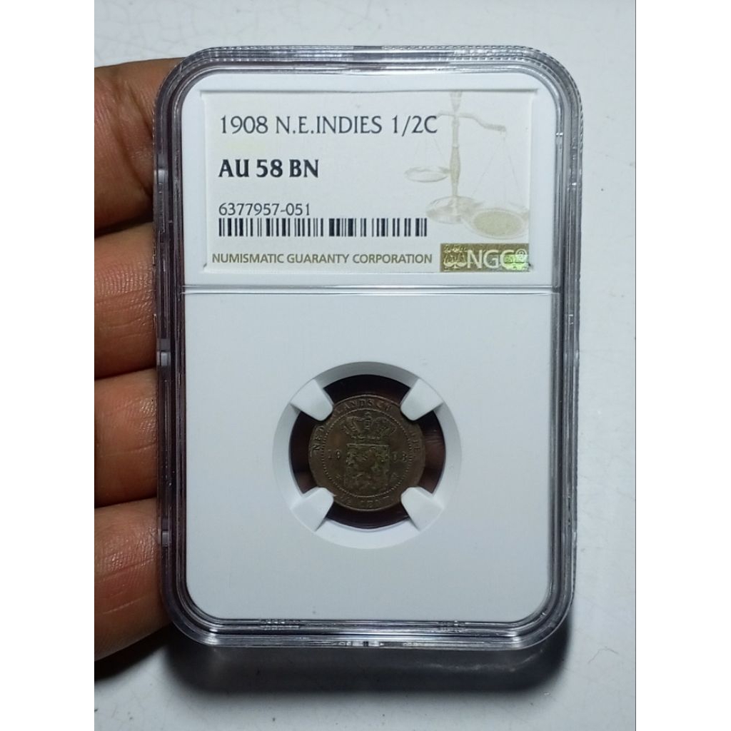 Koin N E Indie 1/2.Cent 1908 NGC AU 58 BN
