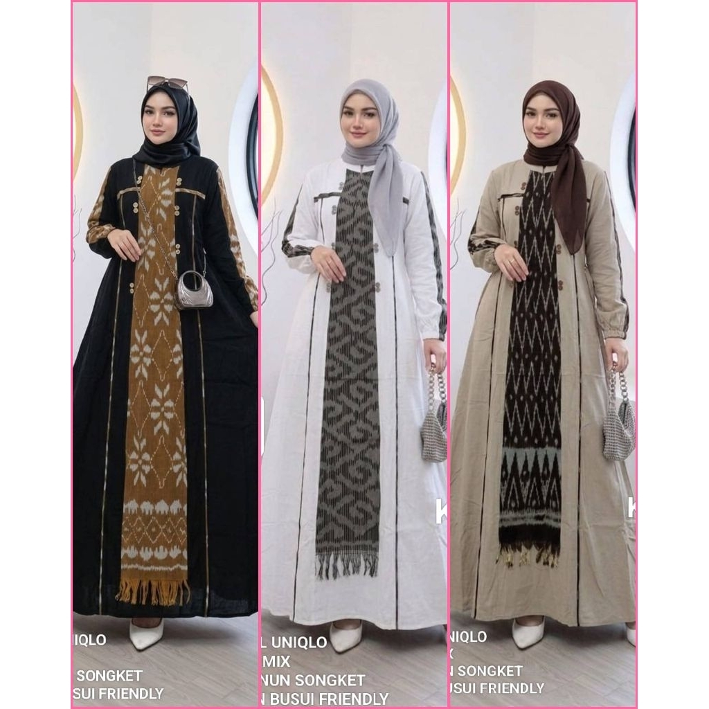 (READY) GAMIS TWILL ETNIK POLOS KOMBINASI TENUN SONGKET TROSO RAYON TWILL UNIQLO