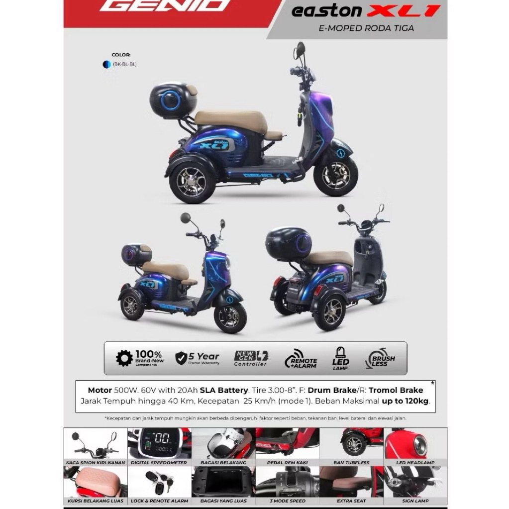 Sepeda Listrik Moped roda 3 Genio Easton XL1 Blue