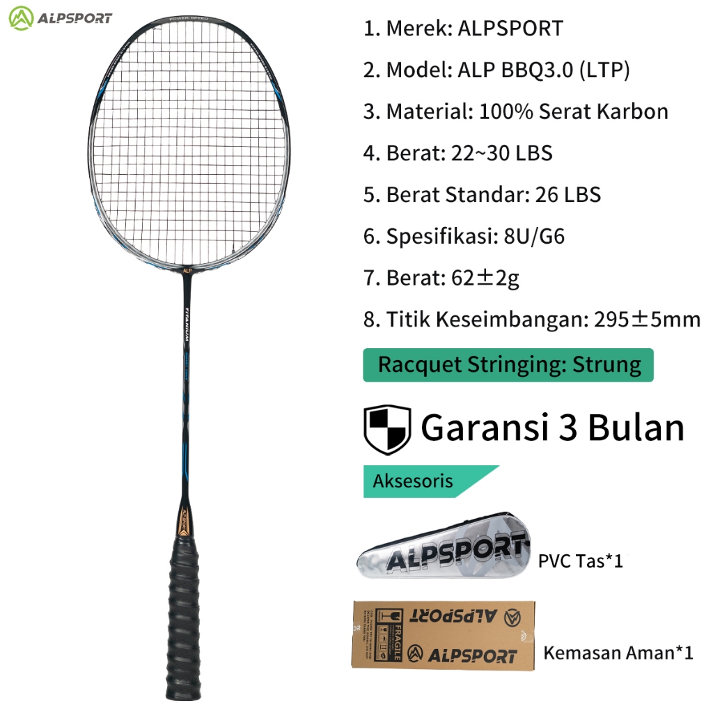 ALPSPORT BBQ 3.0 Rangka Ajaib Pelangi Max 30LBS 8U Raket Bulutangkis Profesional Ringan Ofensif Mera