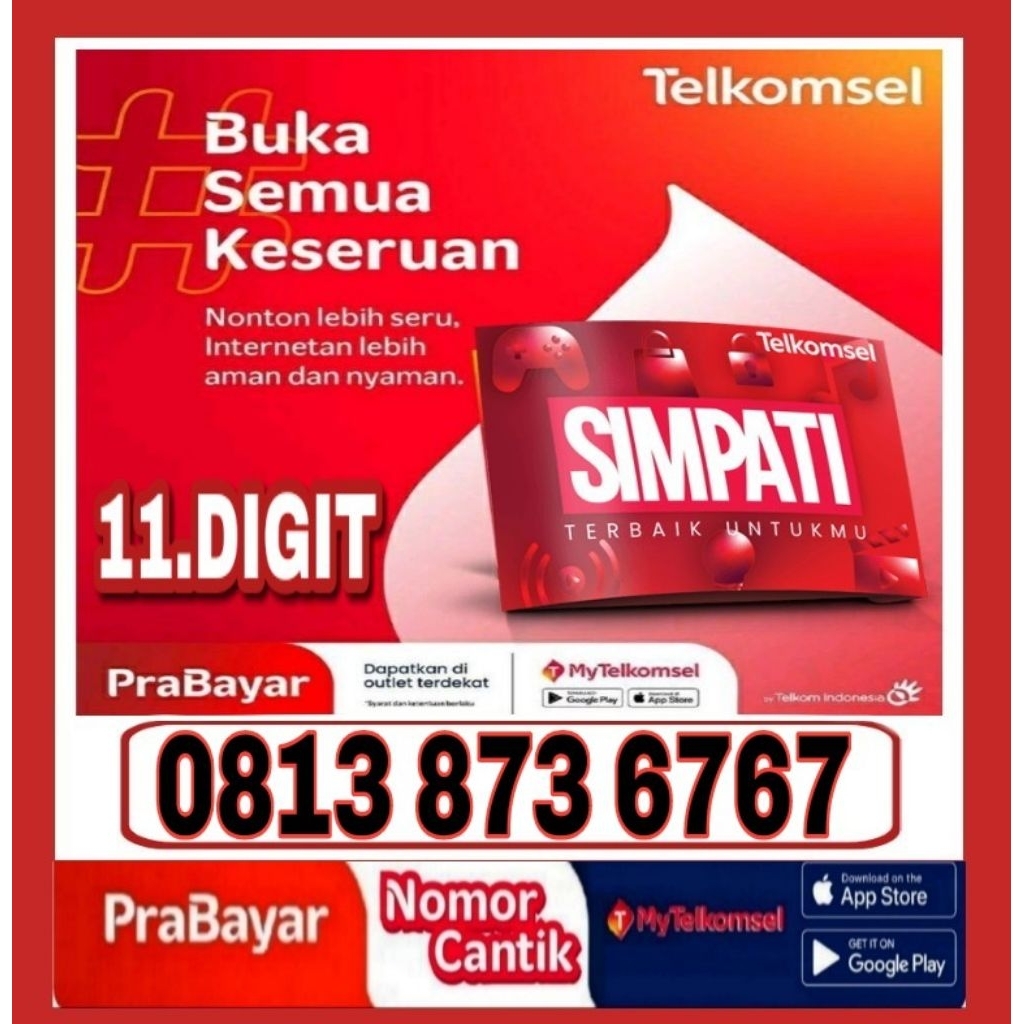 NOMOR CANTIK TELKOMSEL SIMPATI 11 DIGIT 4G 5G 6767 - O813 873 6767 ABAB