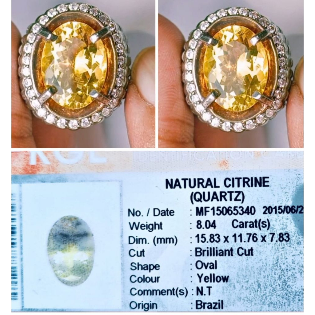 Natural Citrine 8.04 crt Ring Perak NTE Koleksi Lama Memo KGL Lab