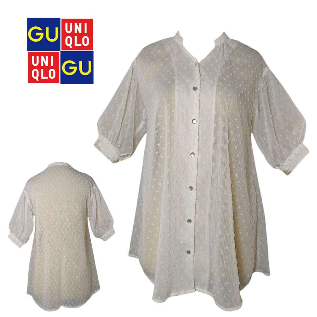 GU- Global Uniqlo White Sheer Shirt Vneck Stand Collar Rubiah Dot 3/4 Sleeve Size 110