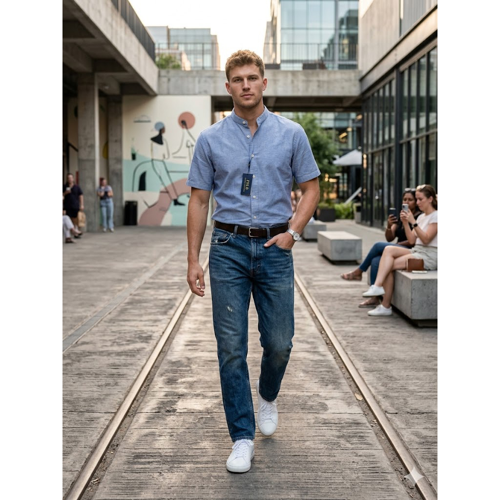 Kemeja Pendek Pria Polo Kerah Shanghai Katun Twill Slimfit