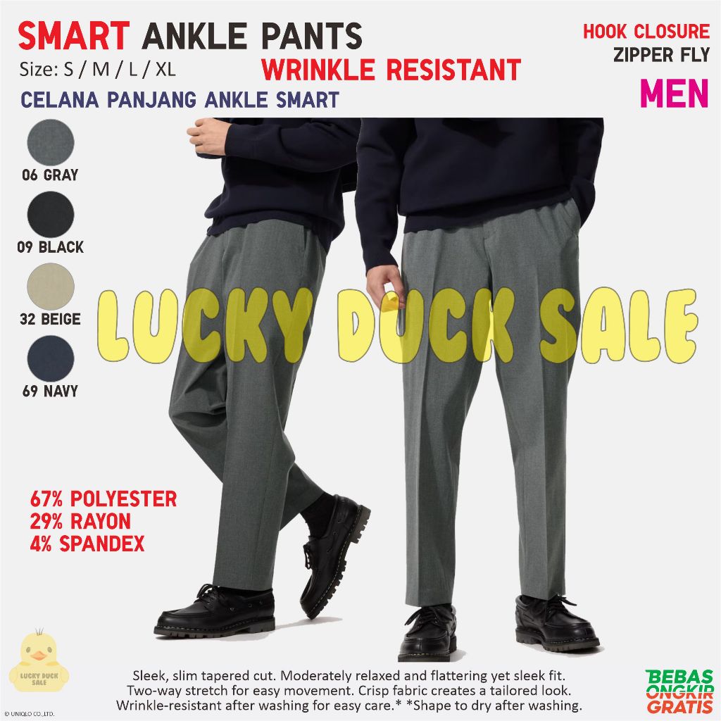 UNIQLO Men Smart Ankle Pants Pria Celana Panjang Bahan Katun Rapi Formal Kantor Tapered Anti Kusut