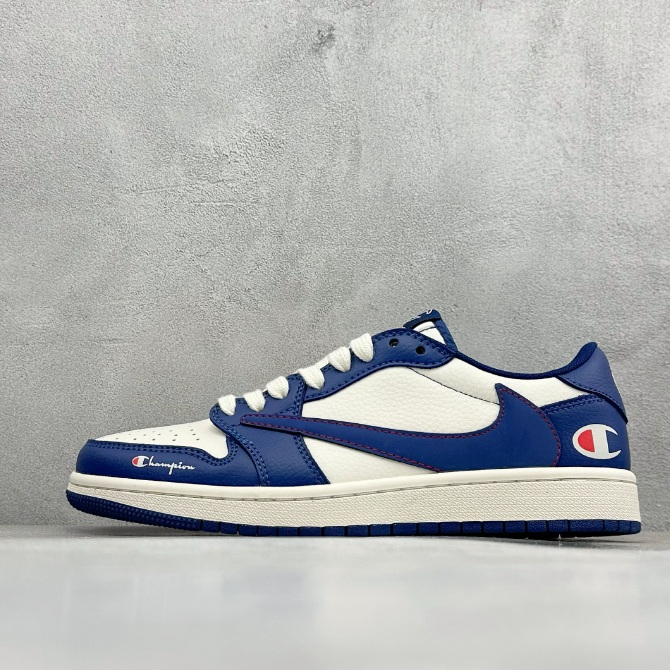 Sepatu Air Jordan 1 Low x Champion Biru Putih Pria Wanita Premium Anti Slip