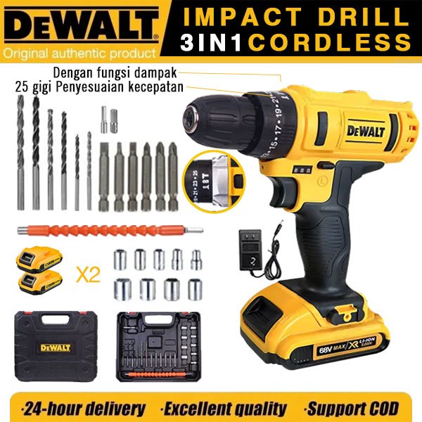 Bor listrik Dewalt 68V baterai ganda alat obeng bor tumbukan listrik kapasitas besar