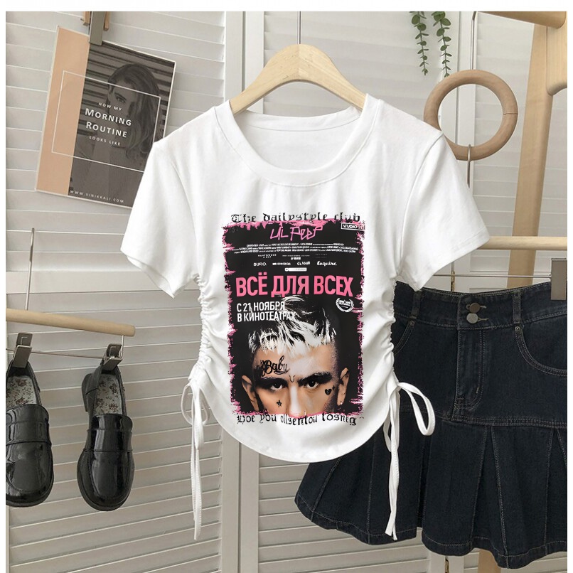 TGNS.Tali serut  kaos Hitam Vintage Retro  pink car  t shirt  korea Wanita Baju Crop Top/251