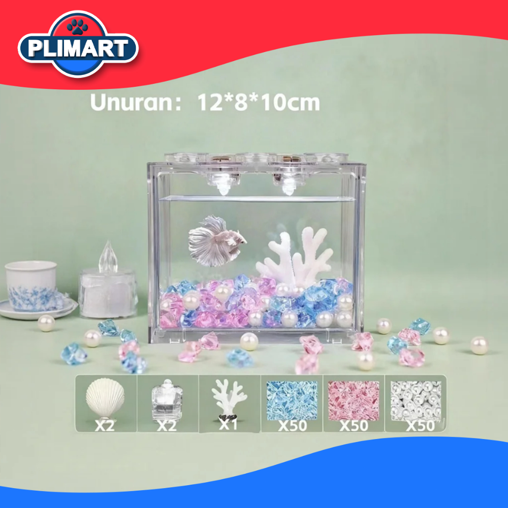 Akuarium Mini Set Lengkap 11cm 16cm Lampu LED Hiasan Aquarium Cupang Tanaman Air Batu Pasir Dekorasi