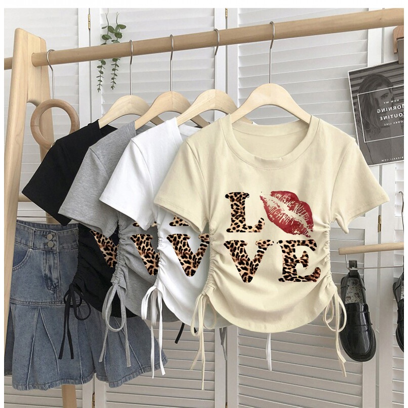 TGNS.Tali serut  kaos Hitam Vintage Retro LOVE  t shirt  korea Wanita Baju Crop Top/368
