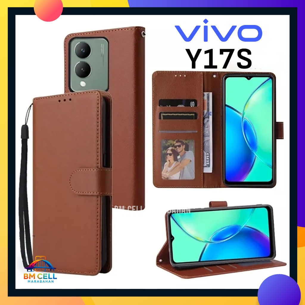 Case Vivo Y17s Flip Cover Dompet Premium Leather Wallet Softase Slot Kartu & Uang Full Protection