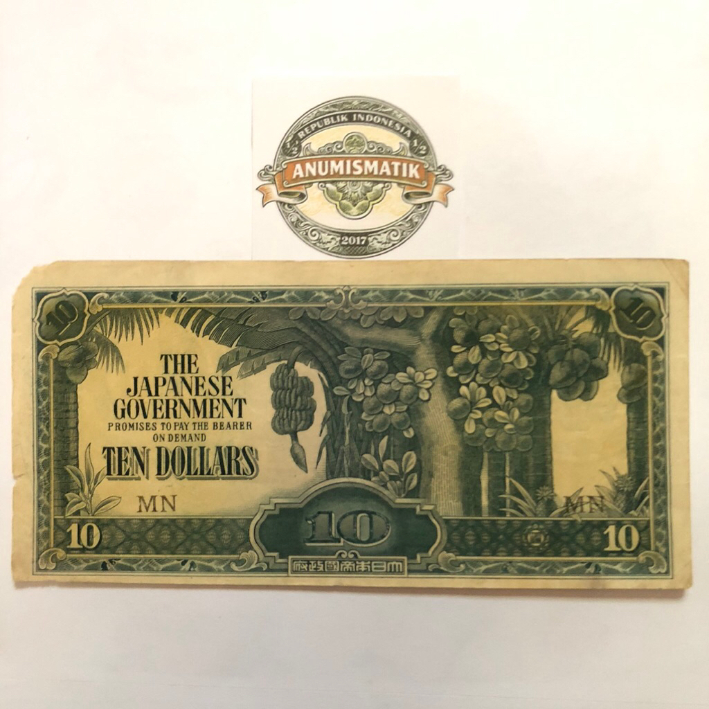Uang Kertas Kuno Asing Malaysia 50 sen dan 10 Dollar Banana Money Tahun 1942 Era Jepang Kondisi Bagu