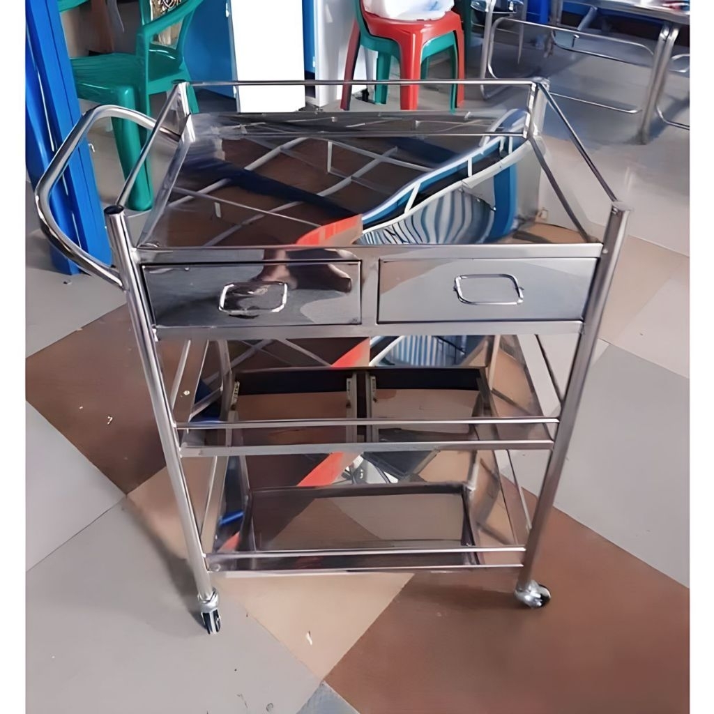 Troli instrumen 3 rak laci stainless / troli stainless 3 susun / troli susun stainless / troli medis