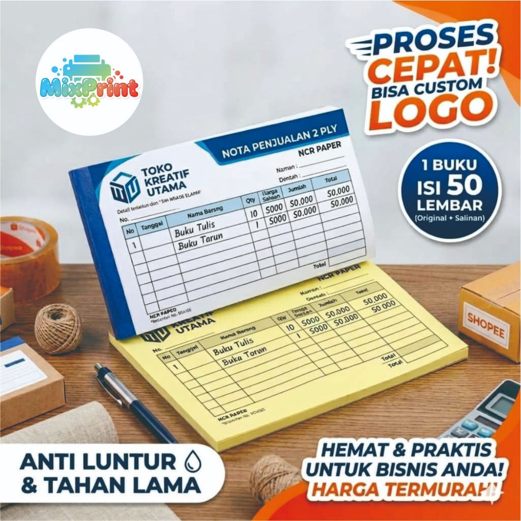 Cetak Nota Custom 2 Ply Logo Sendiri - Buku Nota NCR 2 Rangkap - Invoice Olshop Free Design