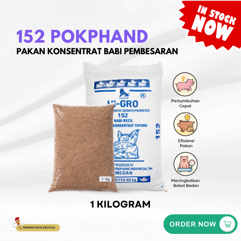 Pakan Konsentrat Babi Pokphand 152 Repack 1 KG – Tanpa Antibiotik untuk Pertumbuhan Babi Kecil