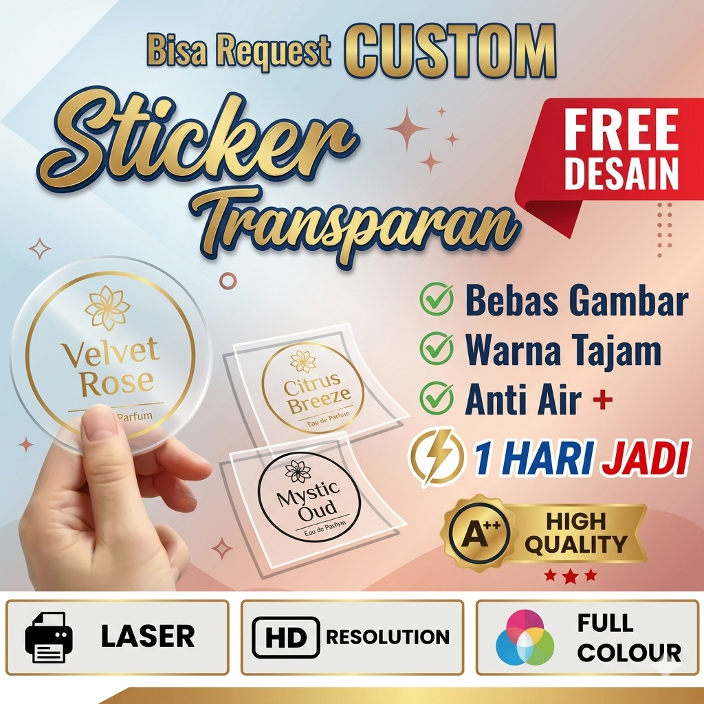FREE CUTTING KISS CUT CETAK STIKER TRANSPARAN / LABEL MAKANAN TRANSPARAN / LABEL PRODUK / STIKER LAB