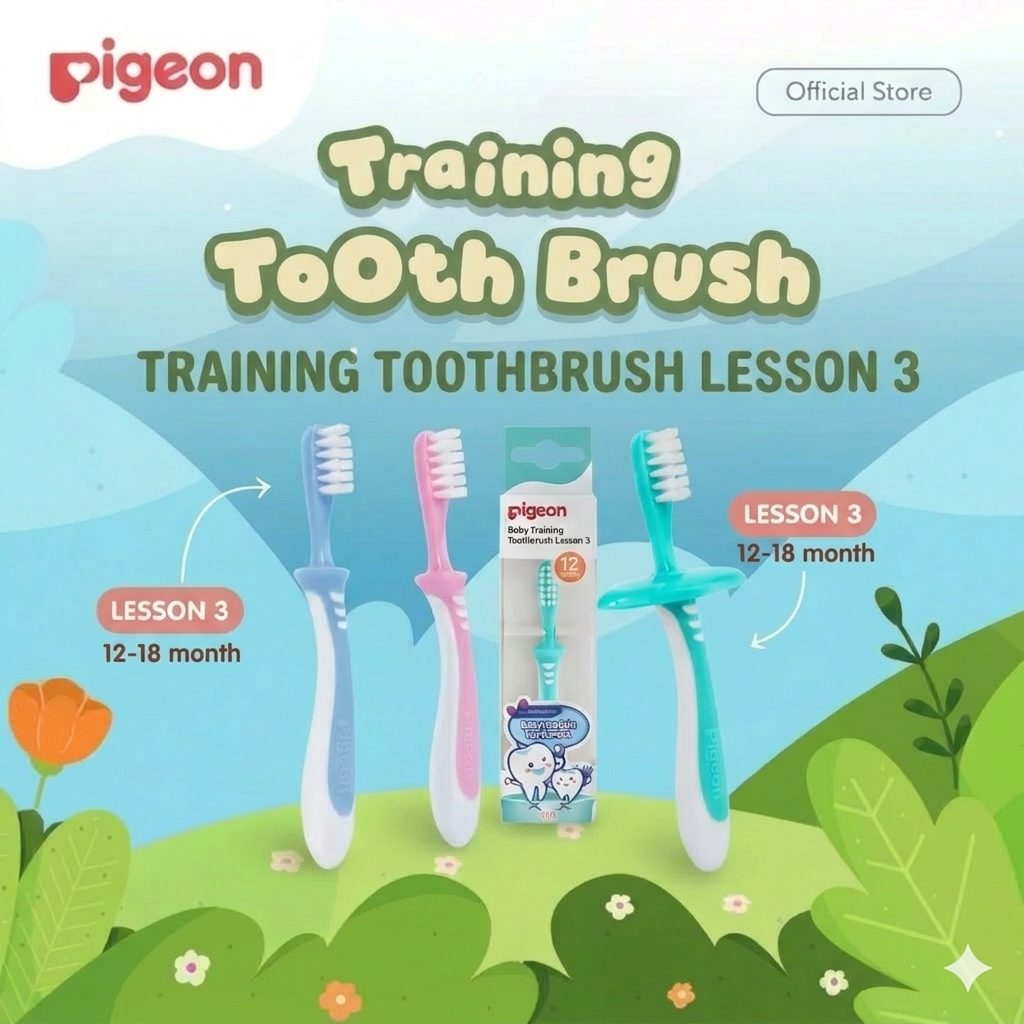 Pigeon Training Toothbrush Lesson 3 (12–18 Months) – Sikat Gigi Bayi Tahap 3 untuk Latihan Menyikat 