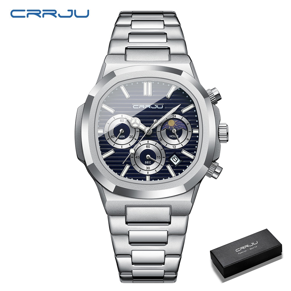 CRRJU Jam Tangan Pria Multifungsi Kalender Chronograph Aktif Quartz Luminos Arloji Mewah Cowok