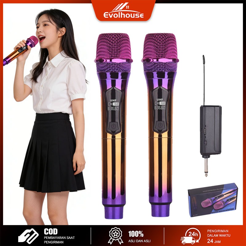 Mic Wireless Karaoke Profesional UHF Rainbow Light 2 Mic Ganda Charge Lampu RGB Pita Suara Bagus Mic