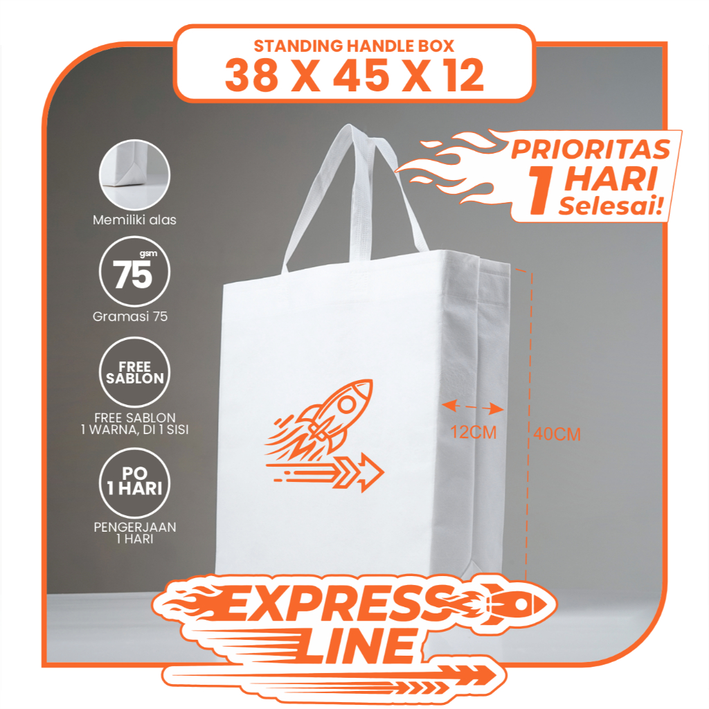 TAS SPUNBOND LIPAT BOX 38X45 SABLON COSTOM 1 HARI JADI (EXPRESS LINE) UNTUK TAS SOUVENIR, SYUKURAN, 