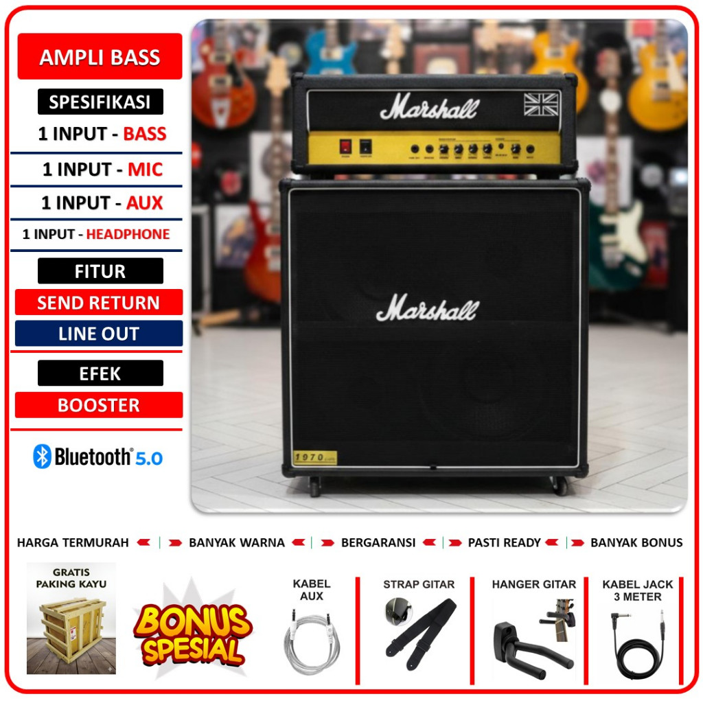 Ampli Bass & Gitar 2x12 Inch bluetooth bisa untuk karaoke 3 Input Marshall Head Cabinet termurah ber