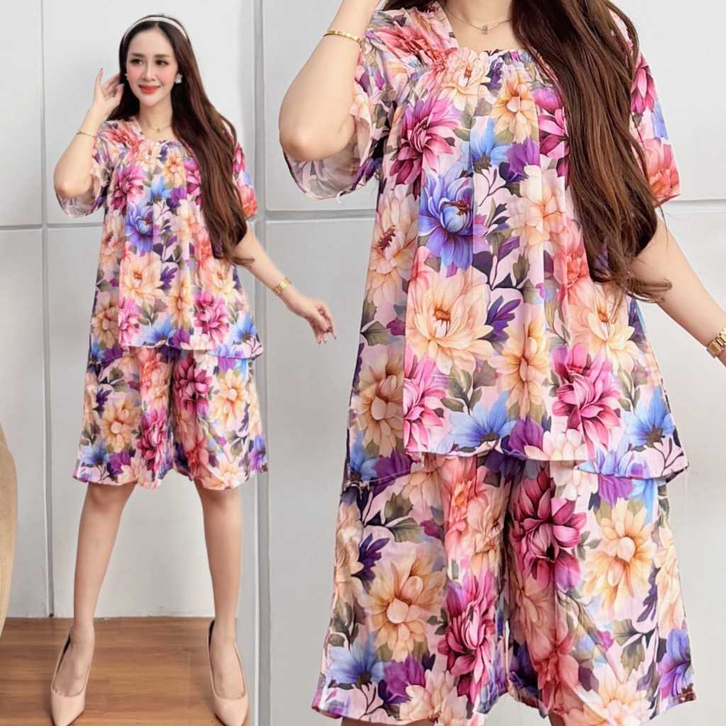 Setelan Rayon Jumbo Kulot Pendek  - Desain Kerut Dada Kekinian