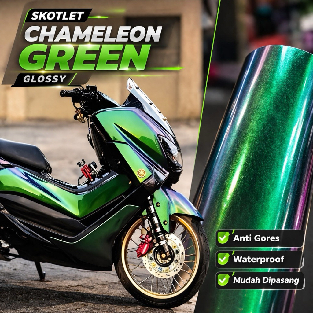 Skotlet Chameleon Green Glossy Bunglon 50cm Sticker Motor Mobil Anti Gores Waterproof