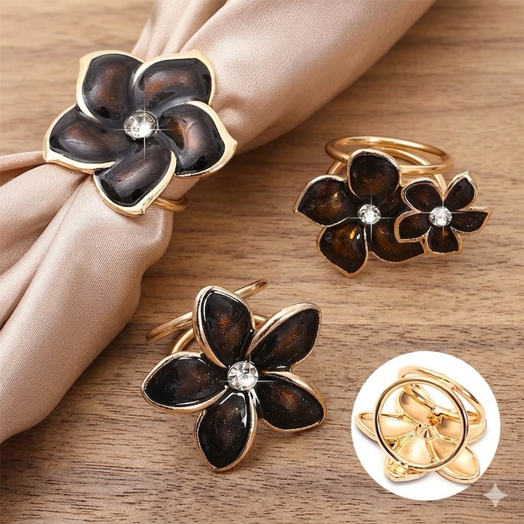 Ring Hijab Bunga Enamel Hitam 3 Lubang Aksesoris Bros Jilbab Syal Motif Kamboja Gold Mewah Murah