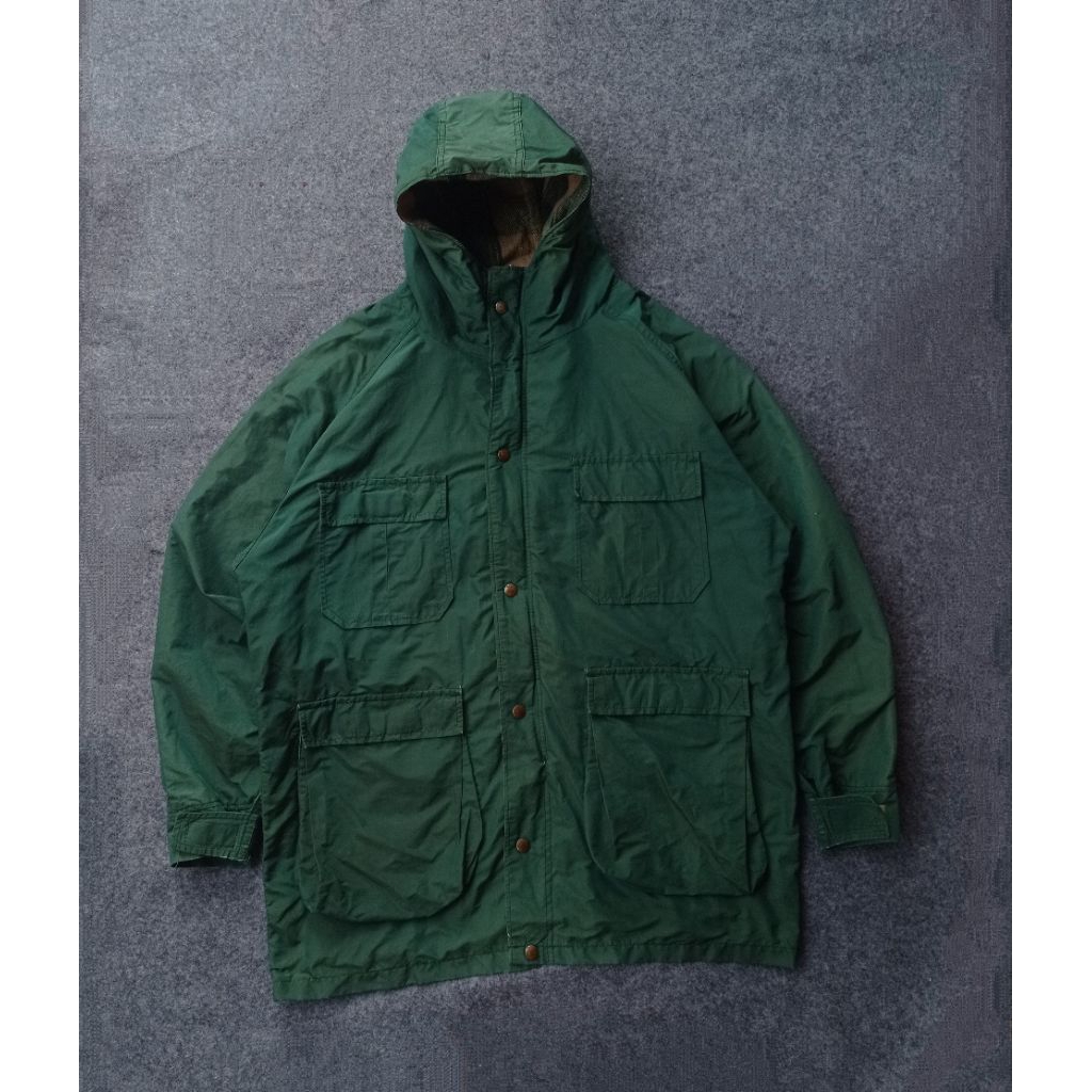 RARE VINTAGE WOOLRICH Full zip Flannel Lined Hooded Rain Jacket 80s Green