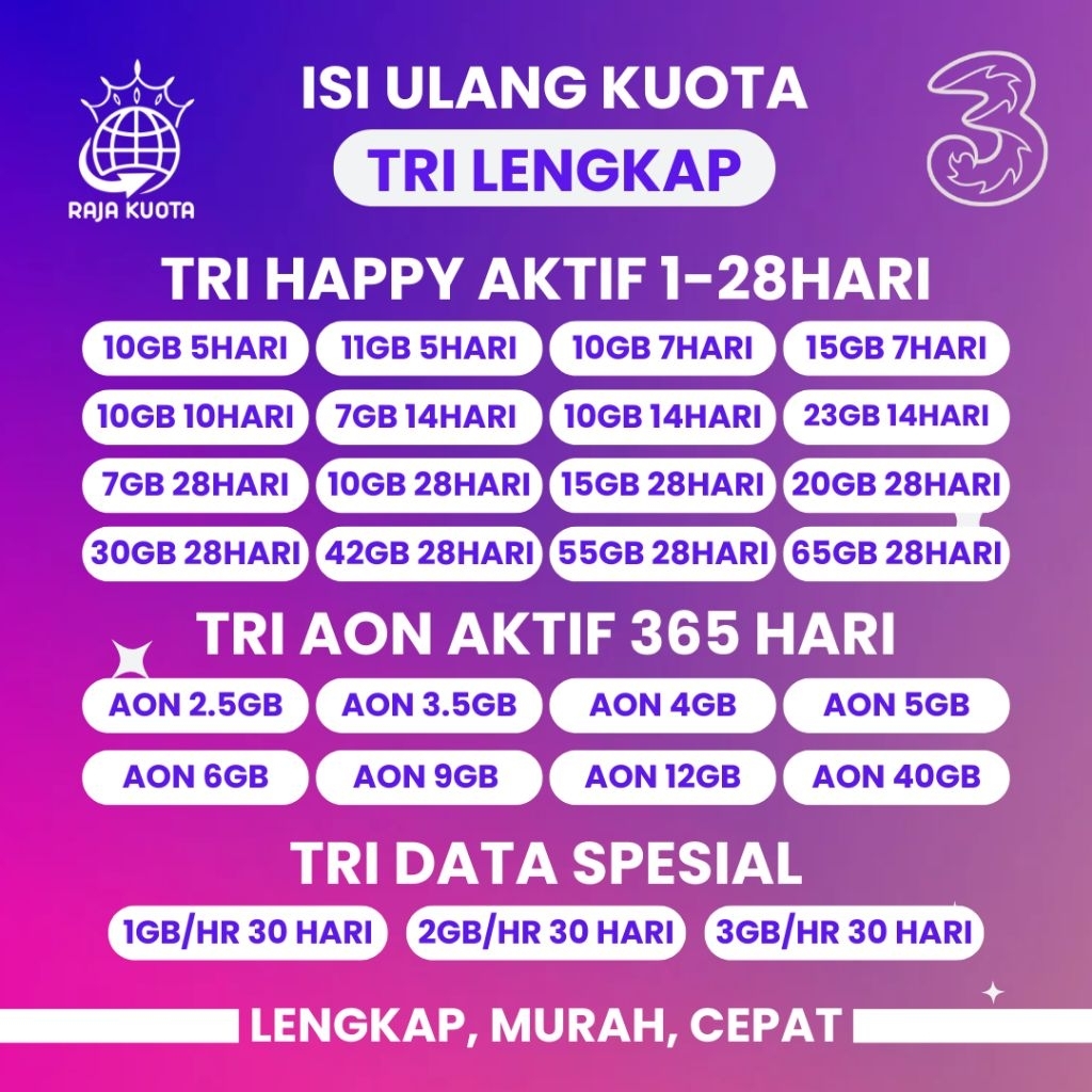 Paket Three Data Tri Kuota Internet 3 Inject Aon 1GB 2GB 3GB 4GB 6GB 10GB 18GB 22GB Unlimited