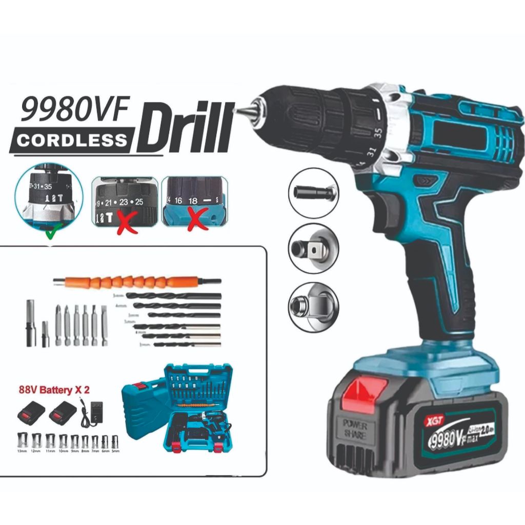 10mm bor listrik murah 9980vf Mesin bor 2baterai cas bor tangan baterai besi tembok Beton kayu - Cor