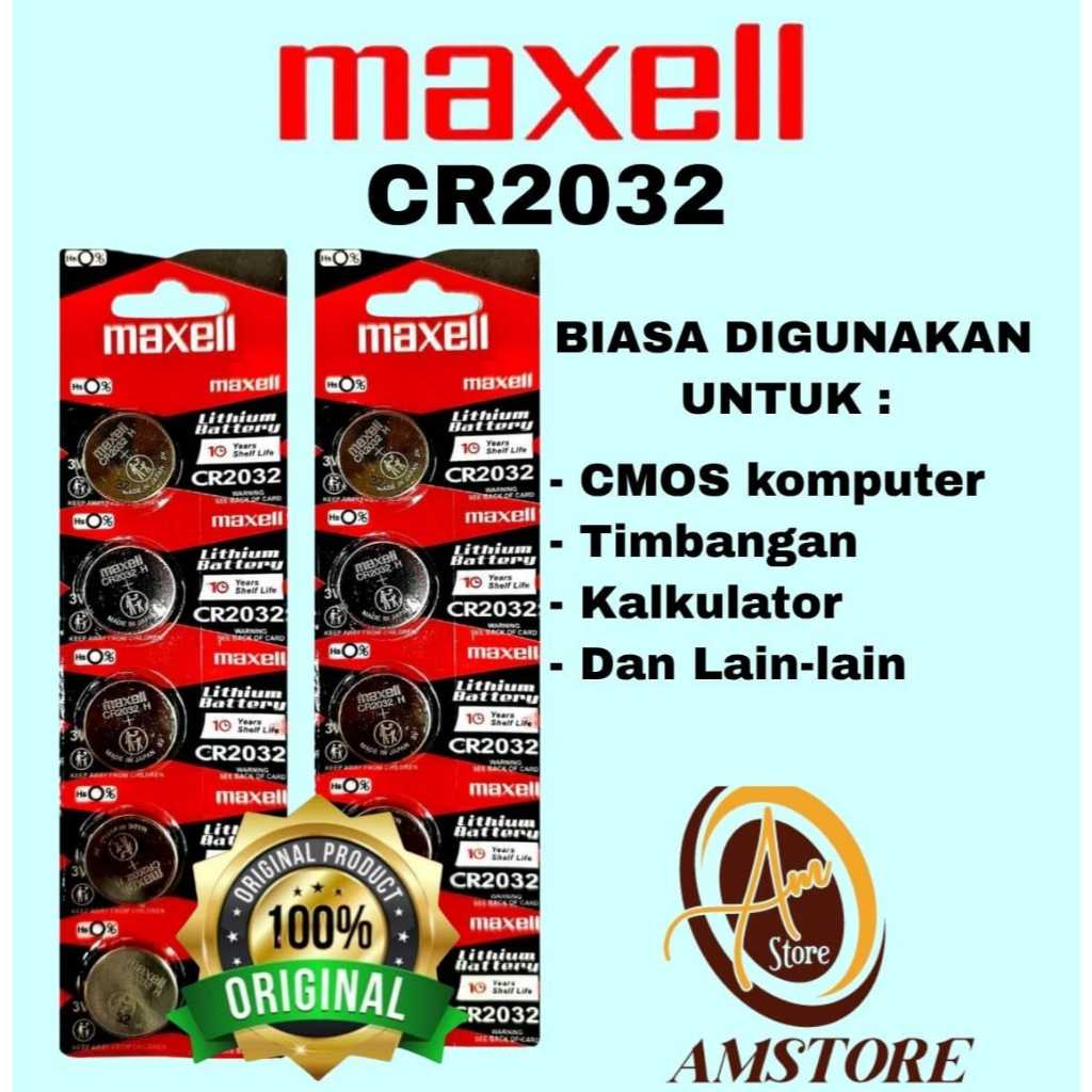 Baterai Maxell CR2032 Original 3V Made In Japan Batre CR 2032  Baterai CMOS Ori Lembaran 5 pcs