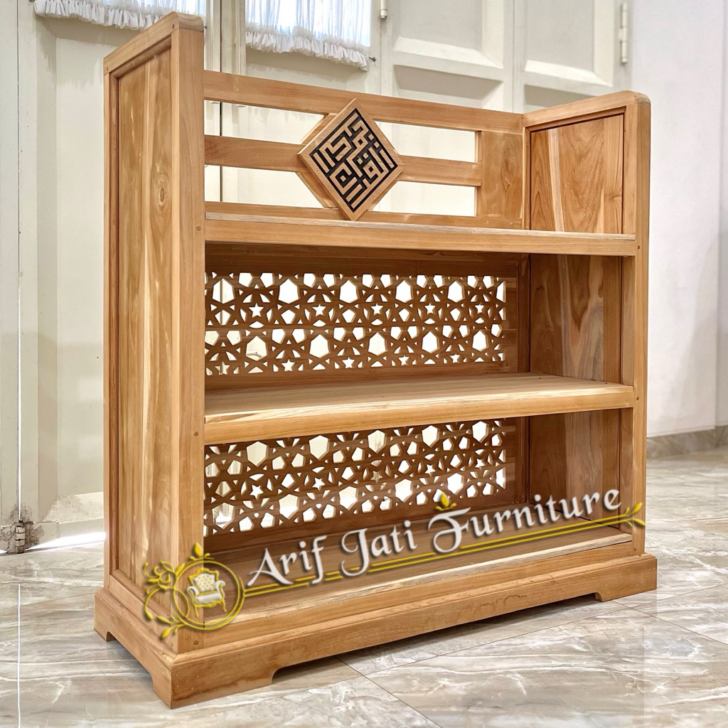 Rak Quran Masjid dan Rak Kitab Kayu Jati Ukir Arabic Ukuran 80x120x40 Grade A
