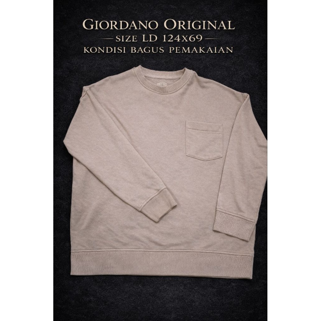 crewneck sweater premium original GIORDANO kantong baby Terry. size L-XL. warna coklat susu