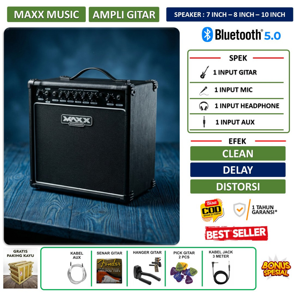 Ampli gitar dan bass 7 inch 8 inch 10 Inch bluetooth 3 input bisa karaoke ada efek delay & distorsi 